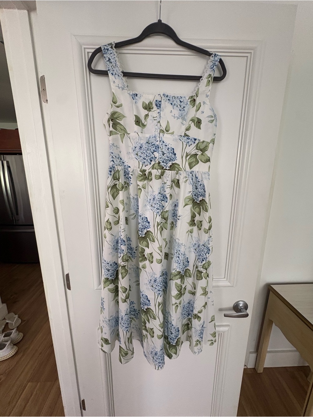 White Midi Sundress with Blue Floral Print and Green Leaves